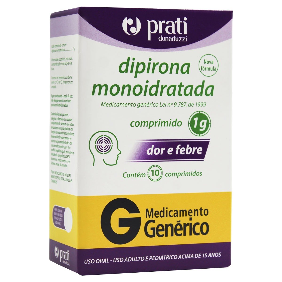 Dipirona-Monoidratada-Caixa-1g-com-10-Comprimidos-Generico-Prati-Donaduzzi