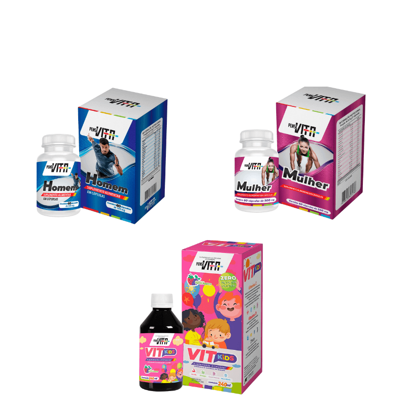 Kit Família PenseVita Homem + Mulher 60 cápsulas + Kids TuttiFruti 240ml