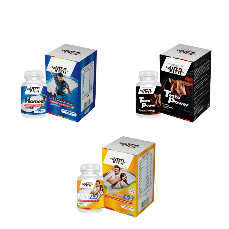 Kit Força Masculina PenseVita Homem + Testo Power + Multivitamínico A–Z com 60 cápsulas cada